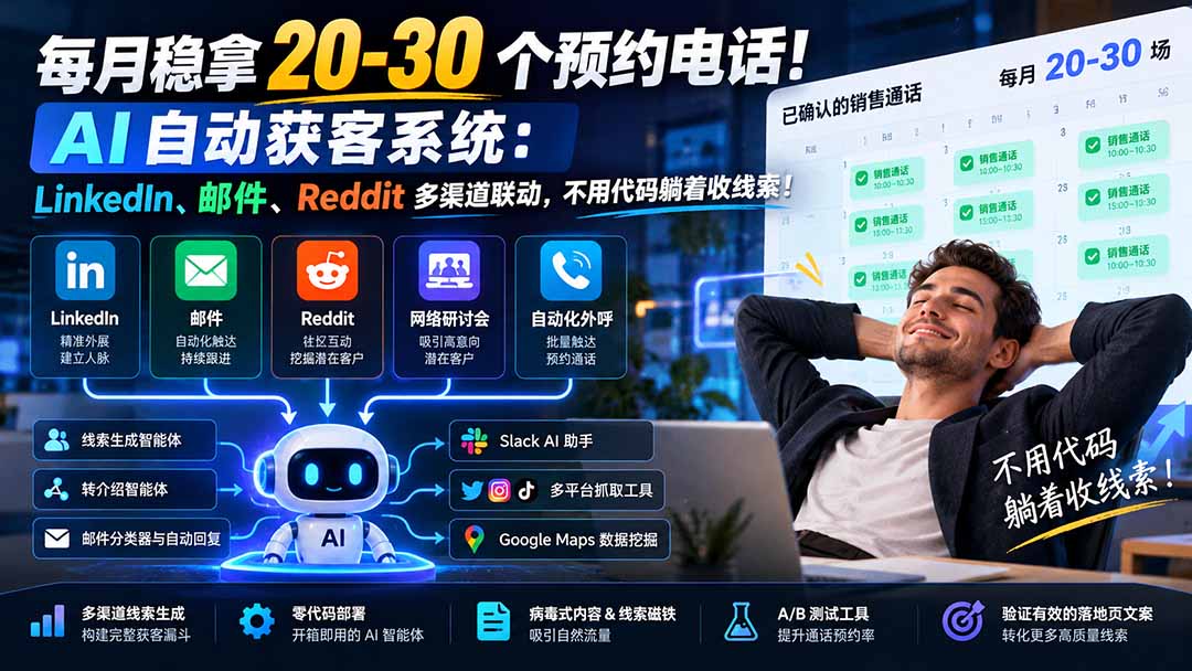 图片[2]-（21164期）每月稳拿 20-30 个预约电话！AI 自动获客系统：LinkedIn、邮件、Reddit 多渠道联动，不用代码躺着收线索！_生财有道创业项目网-生财有道