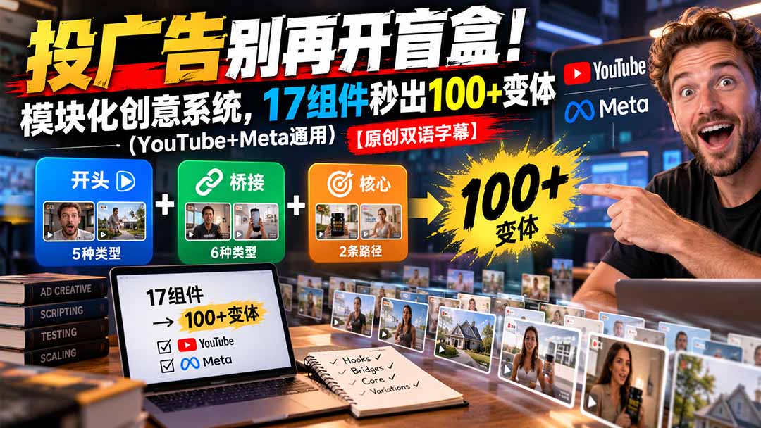 （20840期）投广告别再开盲盒！模块化创意系统，17组件秒出100+变体（YouTube+Meta通用）【原创双语字幕】_生财有道创业项目网-生财有道