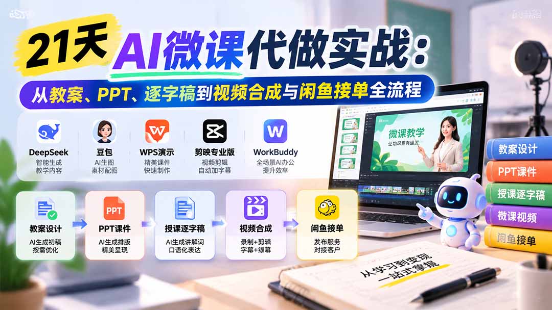 图片[2]-（21065期）21天AI微课代做实战：从教案、PPT、逐字稿到视频合成与闲鱼接单全流程_生财有道创业项目网-生财有道