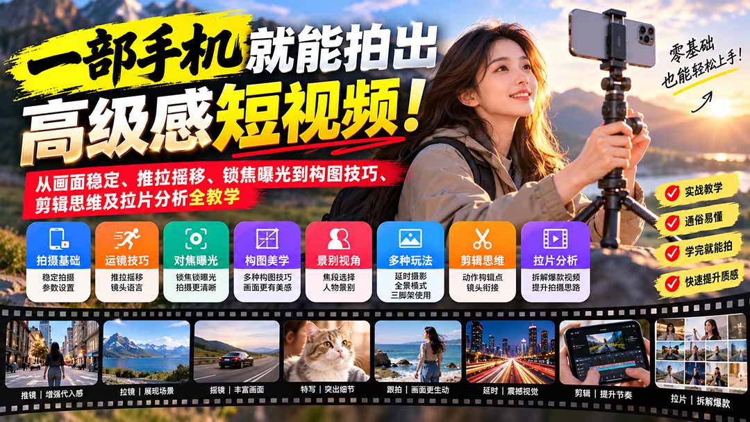 图片[2]-（21272期）一部手机就能拍出高级感短视频！从画面稳定、推拉摇移、锁焦曝光到构图技巧、剪辑思维及拉片分析全教学_生财有道创业项目网-生财有道