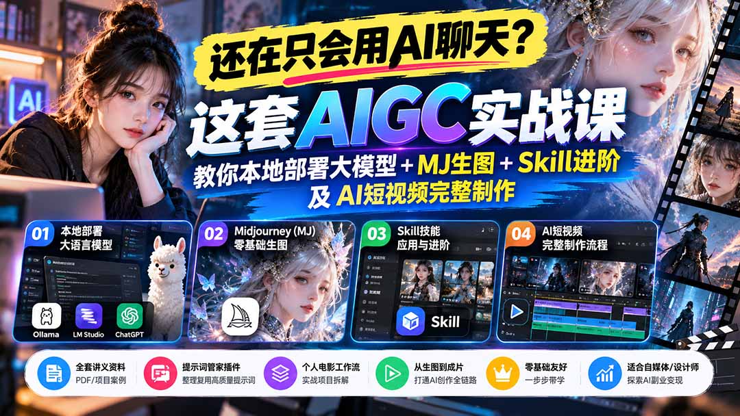 (21135期)【无水印】还在只会用AI聊天?这套AIGC实战课教你本地部署大模型+MJ生图+Skill进阶及AI短视频完整制作_生财有道创业项目网-生财有道