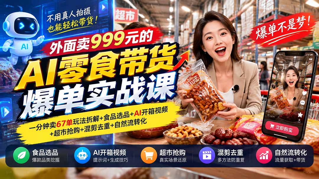 图片[2]-（20994期）外面卖999元的AI零食带货爆单实战课｜一分钟卖67单玩法拆解+食品选品+AI开箱视频+超市抢购+混剪去重+自然流转化_生财有道创业项目网-生财有道