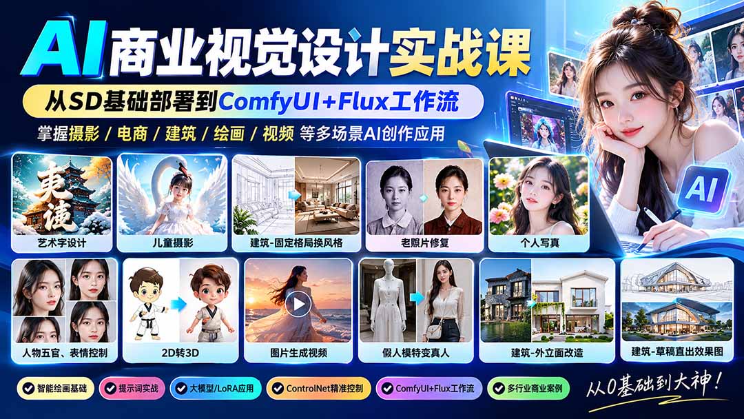 图片[2]-（20824期）【无水印】AI商业视觉设计实战课：从SD基础部署到ComfyUI+Flux工作流，掌握摄影电商建筑AI创作_生财有道创业项目网-生财有道