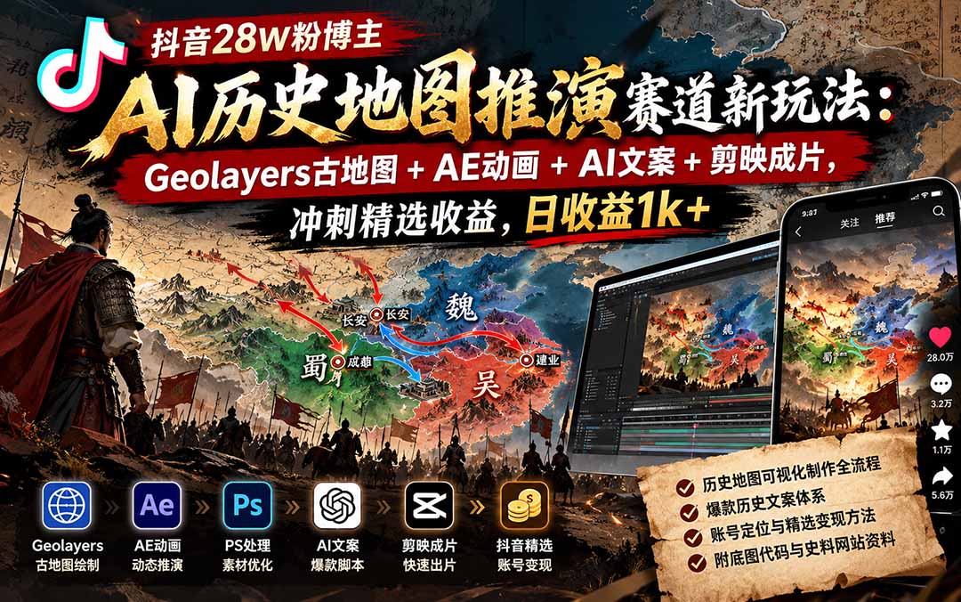 (20809期)抖音28W粉博主AI历史地图推演赛道新玩法:Geolayers古地图+AE动画+AI文案+剪映成片,冲刺精选收益,日收益1k+_生财有道创业项目网-生财有道