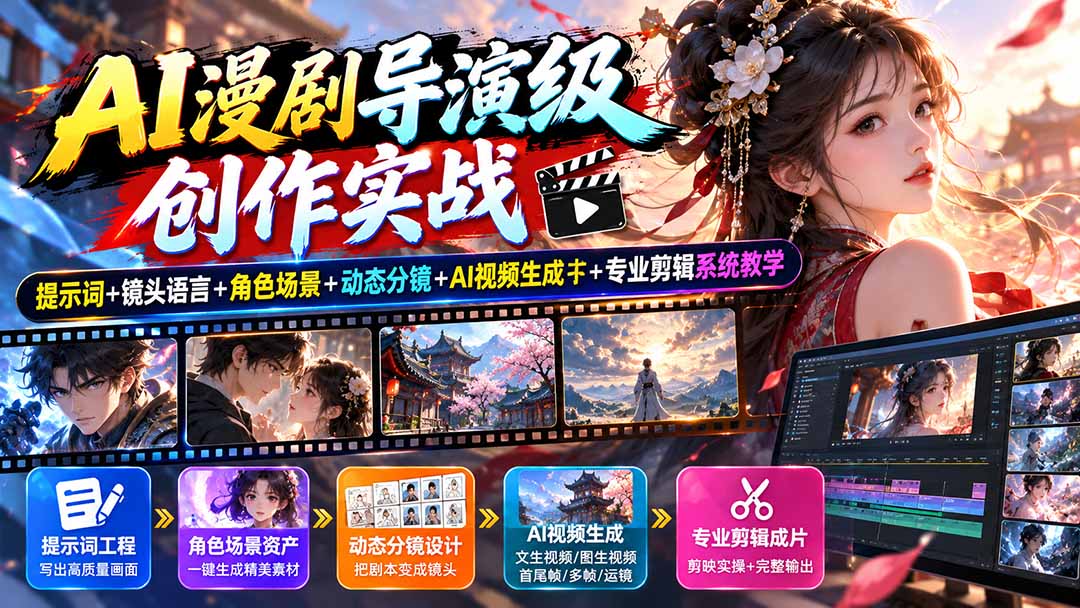 图片[1]-（20814期）AI漫剧导演级创作实战：提示词+镜头语言+角色场景+动态分镜+AI视频生成+专业剪辑系统教学_生财有道创业项目网-生财有道