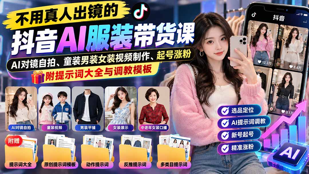 图片[2]-（20960期）不用真人出镜的抖音AI服装带货课：AI对镜自拍、童装男装女装视频制作、起号涨粉，附提示词大全与调教模板_生财有道创业项目网-生财有道