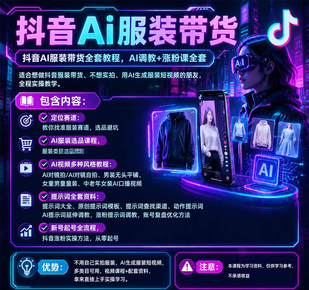 图片[3]-（20960期）不用真人出镜的抖音AI服装带货课：AI对镜自拍、童装男装女装视频制作、起号涨粉，附提示词大全与调教模板_生财有道创业项目网-生财有道