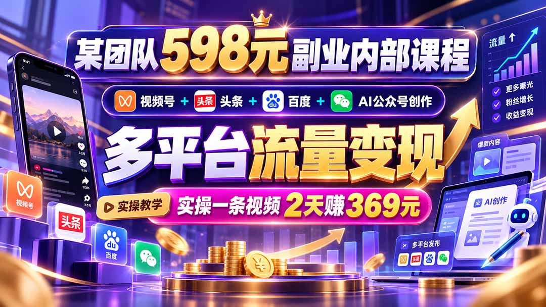 图片[2]-（21238期）某团队598元副业内部课程：视频号+头条+百度+AI公众号创作、多平台流量变现，实操一条视频2天赚369元_生财有道创业项目网-生财有道