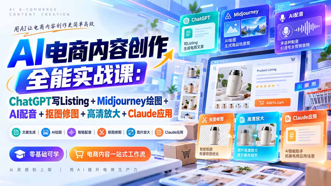 图片[2]-（20770期）【无水印】AI电商内容创作全能实战课：ChatGPT写Listing+Midjourney绘图+AI配音+抠图修图+高清放大+Claude应用_生财有道创业项目网-生财有道