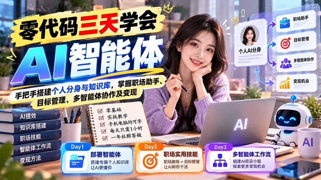 图片[2]-（20978期）【无水印】零代码三天学会AI智能体：手把手搭建个人分身与知识库，掌握职场助手、目标管理、多智能体协作及变现_生财有道创业项目网-生财有道