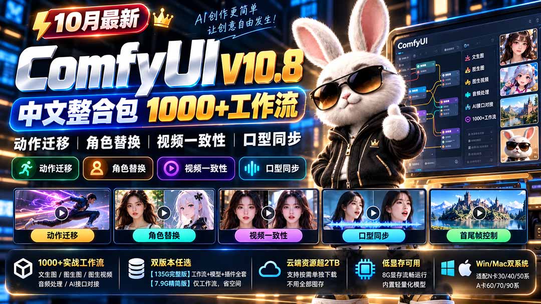 (21240期)10月最新ComfyUI V10.8中文整合包 1000+工作流 动作迁移 角色替换 视频一致性 口型同步 低显存可用_生财有道创业项目网-生财有道