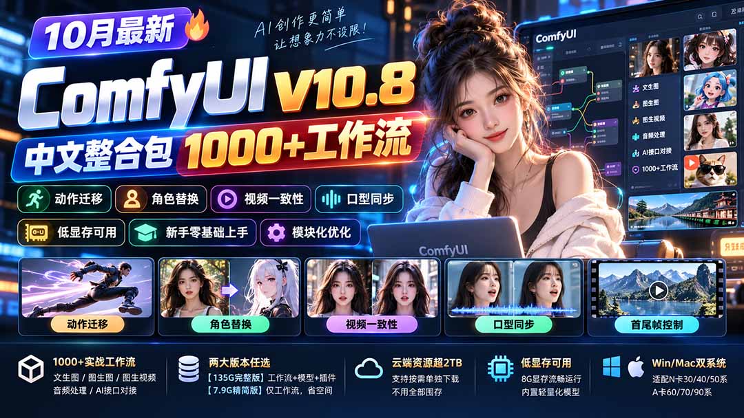 图片[2]-（21240期）10月最新ComfyUI V10.8中文整合包 1000+工作流 动作迁移 角色替换 视频一致性 口型同步 低显存可用_生财有道创业项目网-生财有道