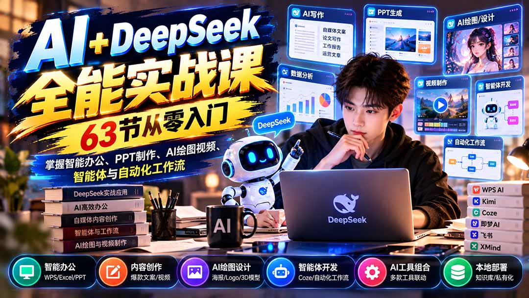 图片[2]-（21141期）AI+DeepSeek全能实战课：63节从零入门，掌握智能办公、PPT制作、AI绘图视频、智能体与自动化工作流_生财有道创业项目网-生财有道