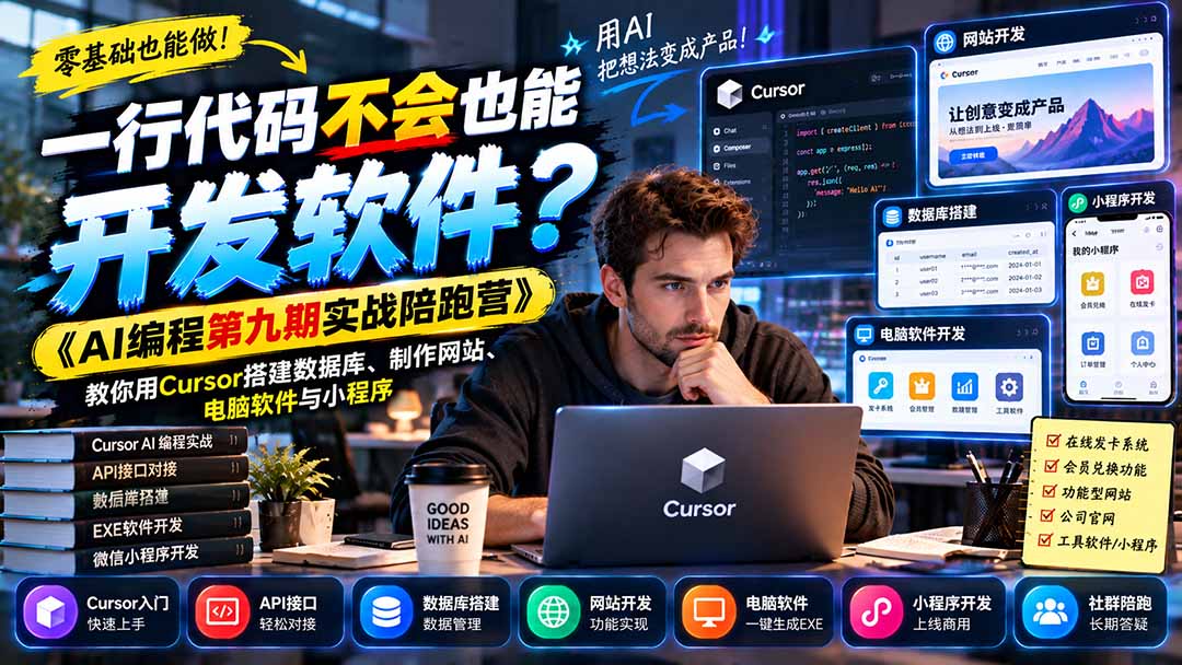 （21146期）一行代码不会也能开发软件？《AI编程第九期实战陪跑营》教你用Cursor搭建数据库、制作网站、电脑软件与小程序_生财有道创业项目网-生财有道