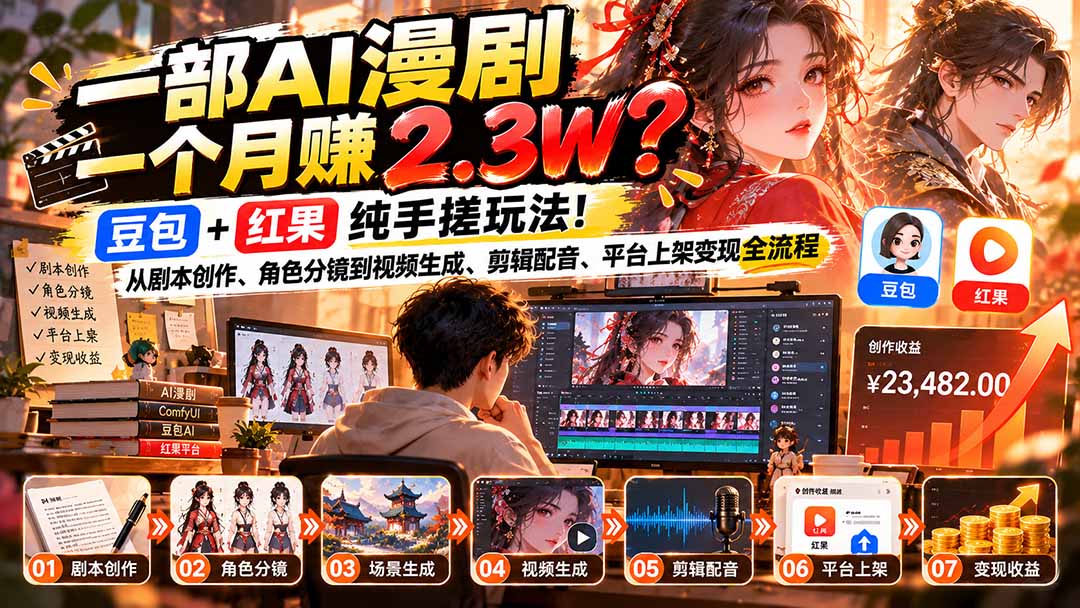 图片[2]-（21089期）一部AI漫剧一个月赚2.3W？豆包+红果纯手搓玩法！从剧本创作、角色分镜到视频生成、剪辑配音、平台上架变现全流程_生财有道创业项目网-生财有道