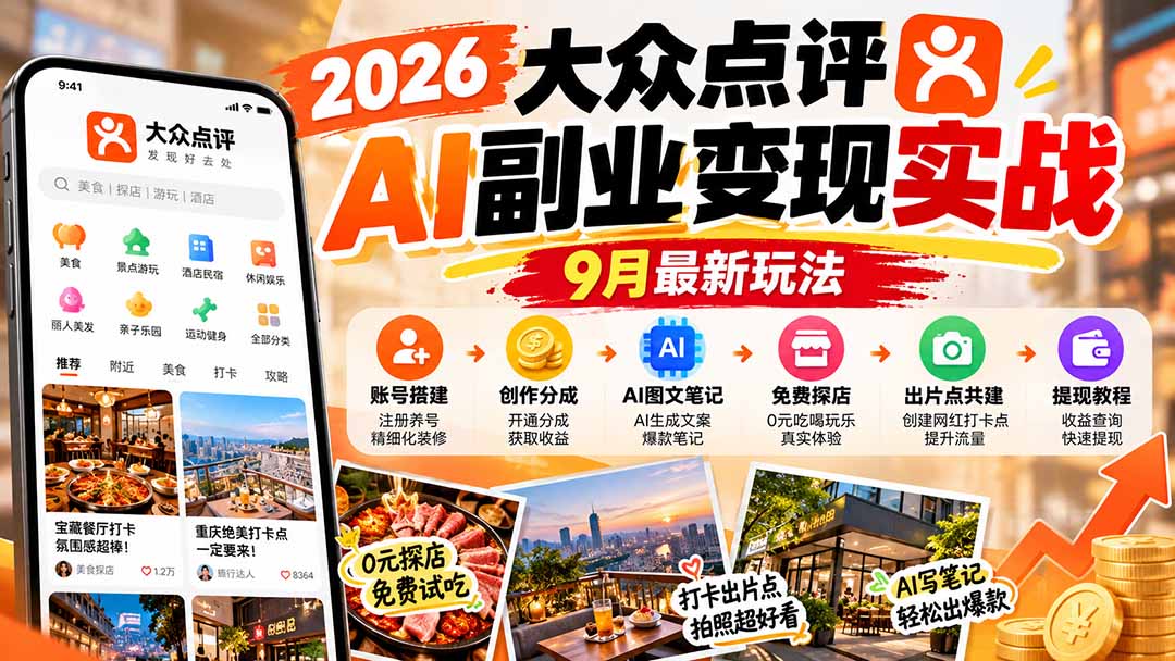 图片[2]-（20873期）2026大众点评AI副业变现实战9月最新玩法：账号搭建+创作分成+AI图文笔记+免费探店+出片点共建与提现教程_生财有道创业项目网-生财有道