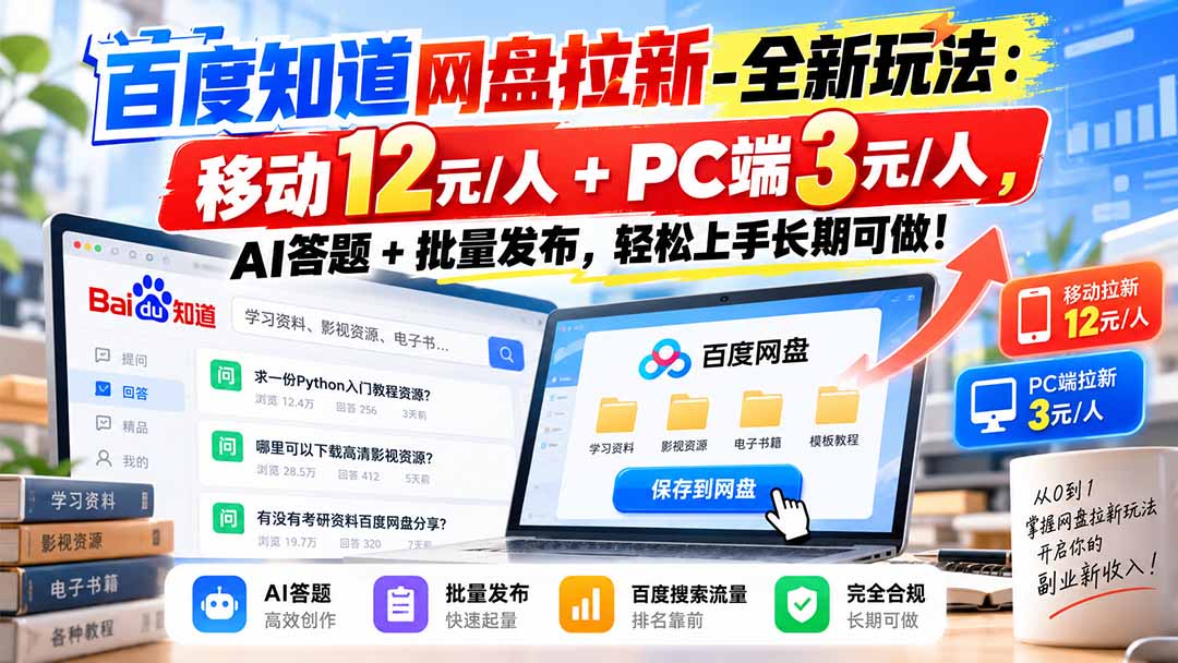 （20794期）百度知道网盘拉新-全新玩法：移动12元/人+PC端3元/人，AI答题+批量发布，轻松上手长期可做！_生财有道创业项目网-生财有道