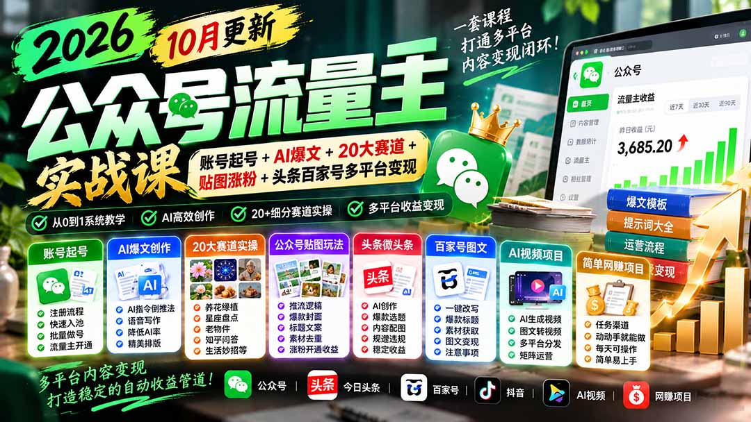(20878期)2026公众号流量主实战课-10月更新:账号起号+AI爆文+20大赛道+贴图涨粉+头条百家号多平台变现_生财有道创业项目网-生财有道