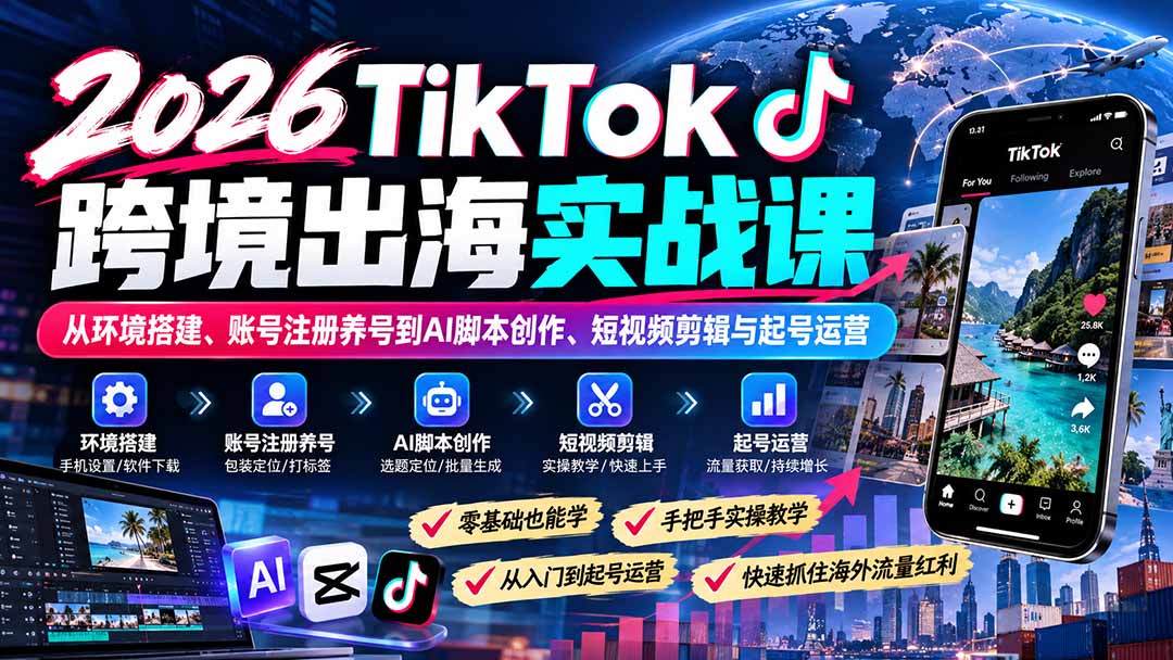 图片[2]-（21170期）2026TikTok跨境出海实战课：从环境搭建、账号注册养号到AI脚本创作、短视频剪辑与起号运营_生财有道创业项目网-生财有道