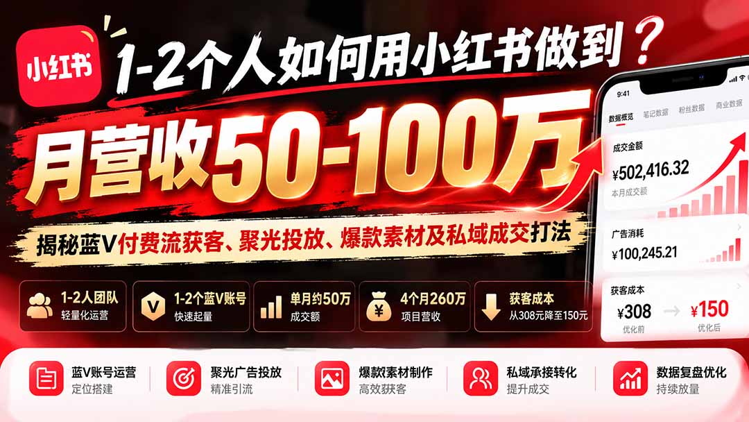 （20939期）1-2个人如何用小红书做到月营收50-100万？揭秘蓝V付费流获客、聚光投放、爆款素材及私域成交打法_生财有道创业项目网-生财有道