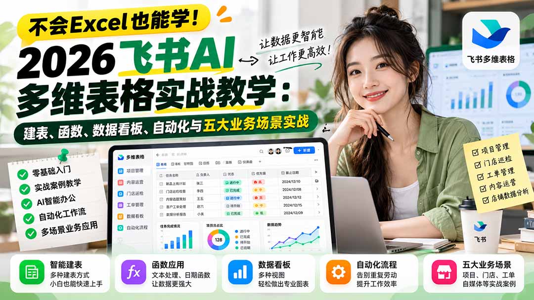 (21153期)不会Excel也能学!2026飞书AI多维表格实战教学:建表、函数、数据看板、自动化与五大业务场景实战_生财有道创业项目网-生财有道