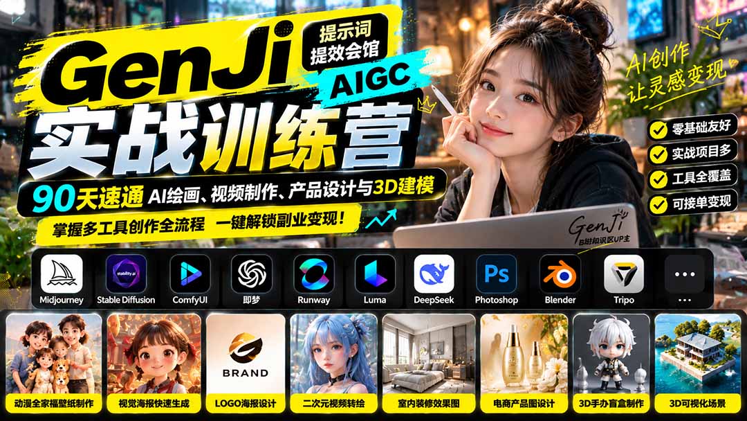 图片[2]-（21192期）GenJi AIGC实战训练营：90天速通AI绘画、视频制作、产品设计与3D建模，掌握多工具创作全流程_生财有道创业项目网-生财有道