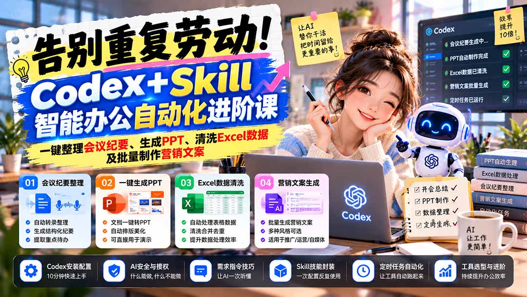 图片[2]-（21001期）告别重复劳动！Codex+Skill智能办公自动化进阶课：一键整理会议纪要、生成PPT、清洗Excel数据及批量制作营销文案_生财有道创业项目网-生财有道