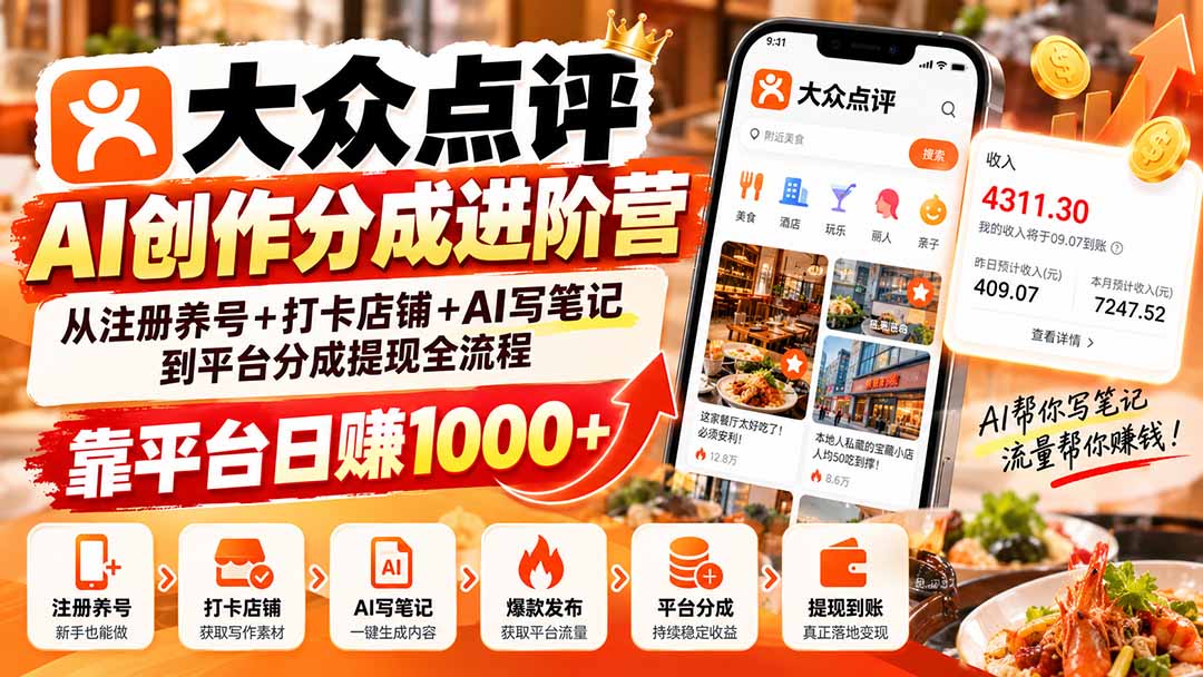 图片[2]-（20759期）大众点评AI创作分成进阶营：从注册养号+打卡店铺+AI写笔记到平台分成提现全流程，靠平台日赚1000+_生财有道创业项目网-生财有道