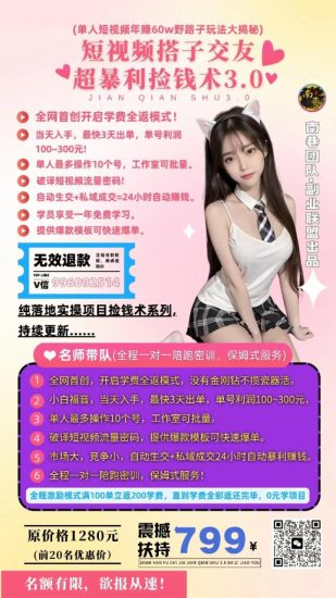 单人短视频年赚60w野路子玩法大揭秘(短视频搭子交友超暴利捡钱术3.0)-生财有道