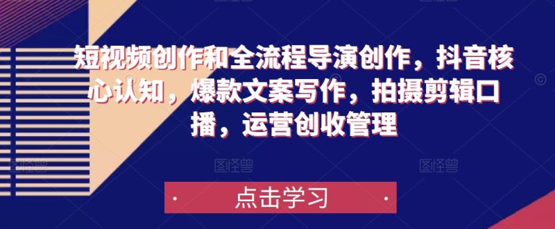 短视频创作和全流程导演创作,抖音核心认知,爆款文案写作,拍摄剪辑口播,运营创收管理-生财有道