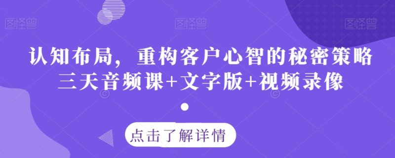认知布局，重构客户心智的秘密策略三天音频课+文字版+视频录像-生财有道