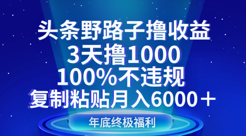 头条野路子撸收益，3天撸1000，100%不违规，复制粘贴月入6000＋-生财有道