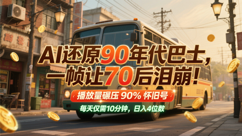 AI还原90年代巴士，一帧让70后泪崩！播放量碾压90%怀旧号，每天10分钟，日入4位数_生财有道创业网-生财有道