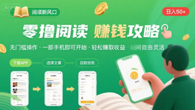 零撸阅读新风口,无门槛轻松挣,一部手机,日入 50-3张【揭秘】——生财有道创业项目网-生财有道