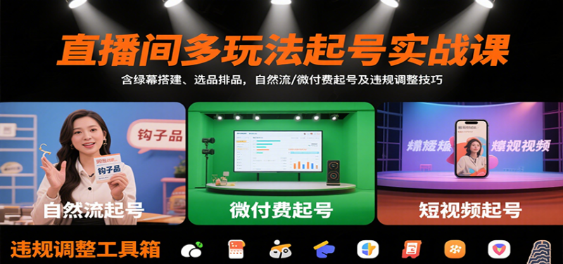 直播间多玩法起号实战课：含绿幕搭建、选品排品，自然流/微付费起号及违规调整技巧_生财有道创业网-生财有道