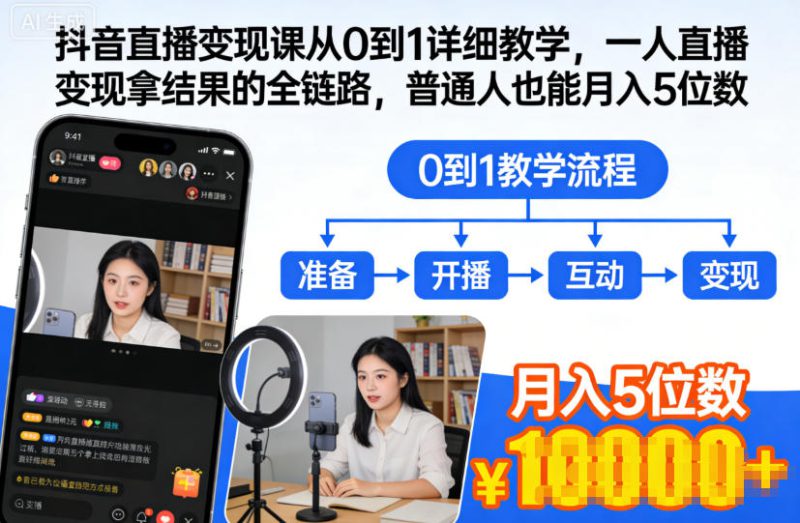 抖音直播变现课从0到1详细教学,一人直播变现拿结果的全链路,普通人也能月入5位数——生财有道创业项目网-生财有道