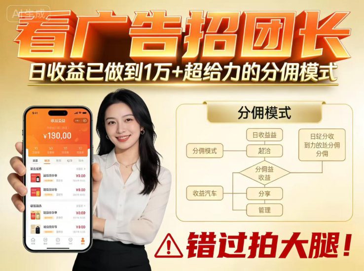 看广告招团长,团队收益已做到日入1万,分佣模式超给力,错过拍大腿_生财有道创业网-生财有道