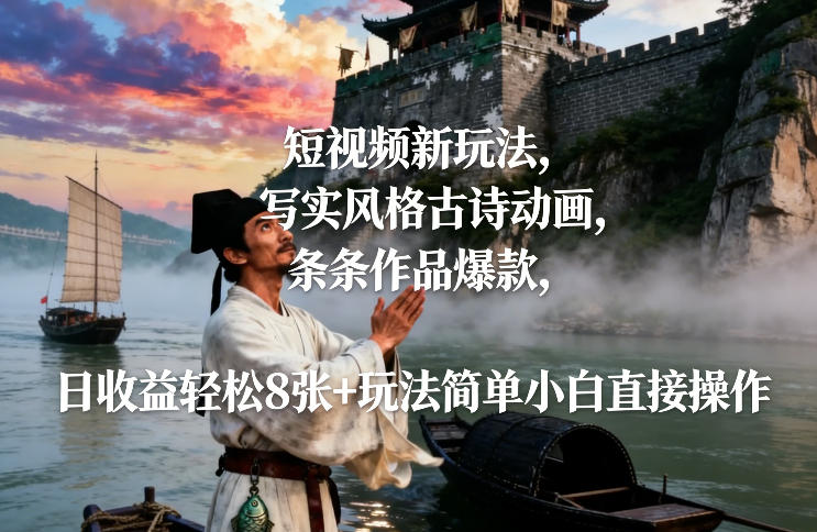 短视频新玩法，写实风格古诗动画，条条作品爆款，日收益轻松8张+玩法简单小白直接操作——生财有道创业项目网-生财有道