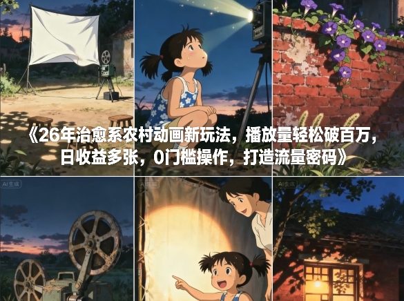 26年治愈系农村动画新玩法，播放量轻松破百万，日收益多张，0门槛操作，打造流量密码——生财有道创业项目网-生财有道
