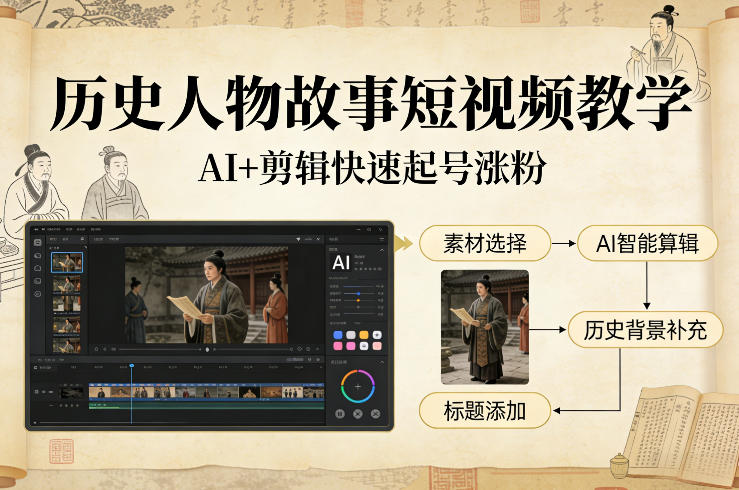 历史人物故事短视频教学，AI+剪辑制作历史人物题材短视频，快速起号涨粉——生财有道创业项目网-生财有道