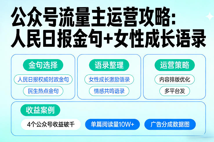 利用人民日报金句+女性成长语录做公众号流量主，4个公众号收益破千——生财有道创业项目网-生财有道