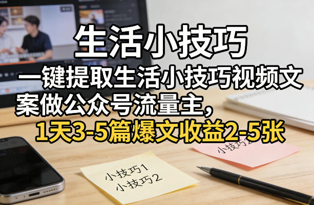 一键提取生活小技巧视频文案做公众号流量主，1天3-5篇爆文收益2-5张——生财有道创业项目网-生财有道