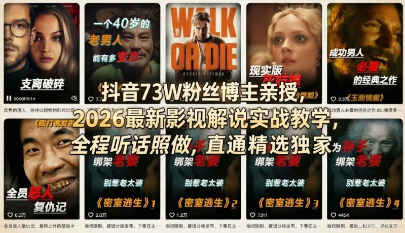 抖音73W粉丝博主亲授，2026最新影视解说实战教学，全程听话照做，直通精选独家——生财有道创业项目网-生财有道