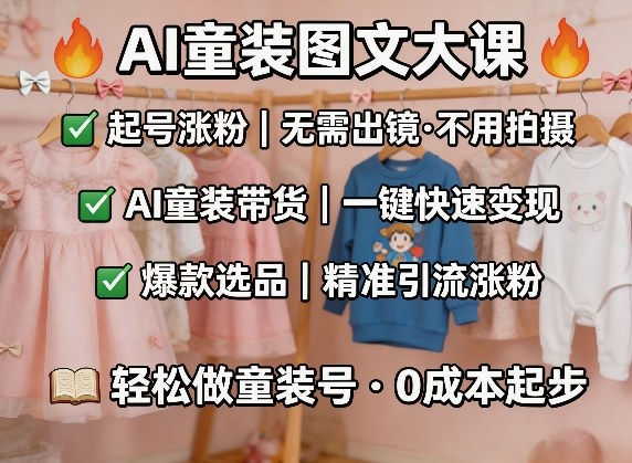 AI童装图文剪辑，某社群童装图文大课，起号涨粉、AI童装带货、爆款选品，无需出镜和拍摄——生财有道创业项目网-生财有道