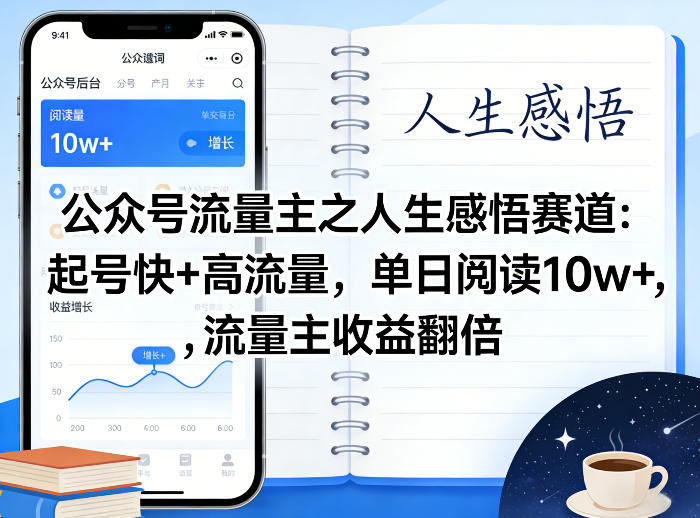 公众号流量主之人生感悟赛道，起号快+高流量，单日阅读10w+，流量主收益翻倍——生财有道创业项目网-生财有道