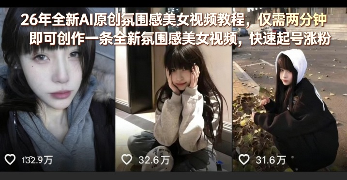 26年全新AI原创氛围感美女视频教程，仅需两分钟即可创作一条全新氛围感美女视频，快速起号涨粉——生财有道创业项目网-生财有道