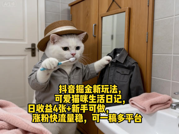 抖音掘金新玩法，可爱猫咪生活日记，日收益4张+新手可做，涨粉快流量稳，可一稿多平台——生财有道创业项目网-生财有道