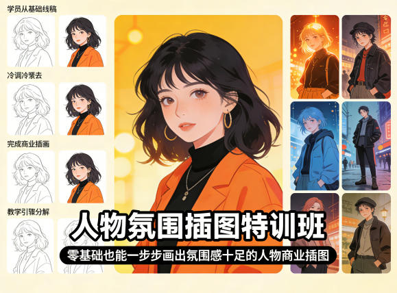 人物氛围插图特训班，零基础也能一步步画出氛围感十足的人物商业插图——生财有道创业项目网-生财有道