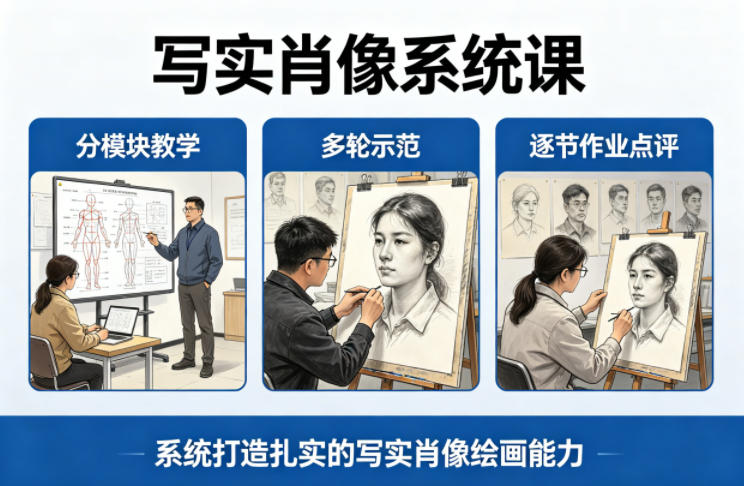 写实肖像系统课，全程分模块教学+多轮示范+逐节作业点评，系统打造扎实的写实肖像绘画能力——生财有道创业项目网-生财有道