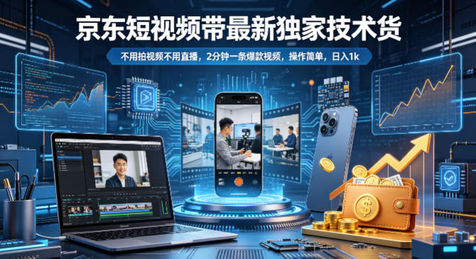 京东短视频带货最新独家技术，不用拍视频不用直播，2分钟一条爆款视频，操作简单，日入1k+【揭秘】——生财有道创业项目网-生财有道